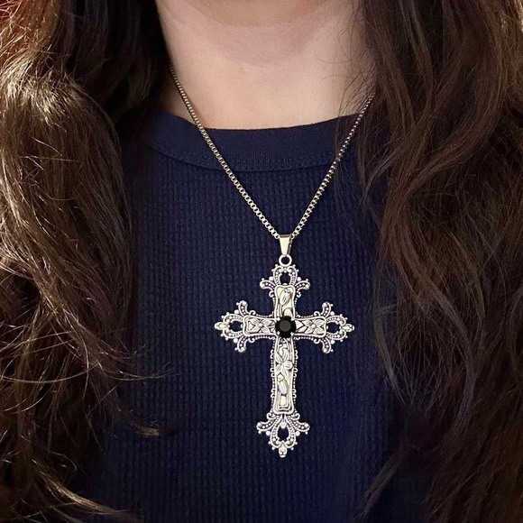 Cross Necklace Gothic Necklace Silver Vintage Silver Statement Cross Nec… - Picture 1 of 8